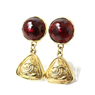 【中古】良品◇ヴィンテージ CHANEL シャネル ココマーク サークル×トライアングル クリップ式 イヤリング 耳飾り ゴールド×ボルドー フランス製 レディース