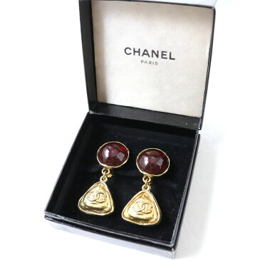 【中古】良品◇ヴィンテージ CHANEL シャネル ココマーク サークル×トライアングル クリップ式 イヤリング 耳飾り ゴールド×ボルドー フランス製 レディース