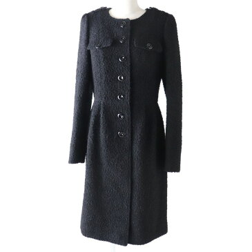 【中古】極美品◇正規品 BURBERRY LONDON バーバリーロンドン ロゴボタン付 モヘア混 ノーカラー ツイードコート ブラック 黒 レディース 40 日本製
