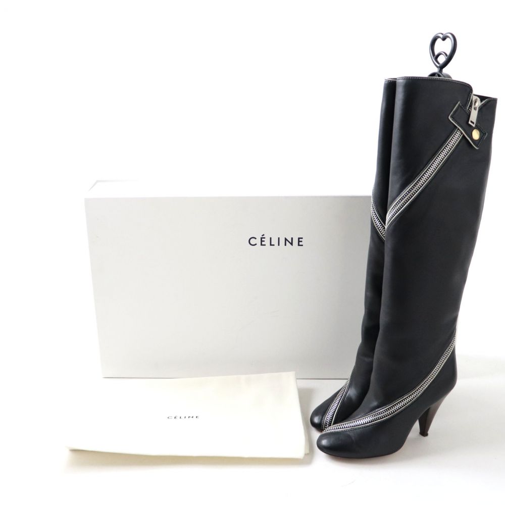 【中古】美品◎イタリア製 CELINE セリーヌ フィービー期 レディース ZIP付き レザーロングブーツ ブラック 黒 35 箱・保管袋付き