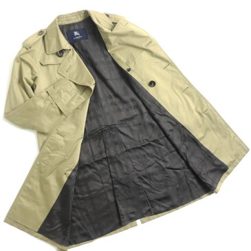 【中古】良品△正規品 BURBERRY LONDON バーバリーロンドン 裏地チェック柄 ベルト付き チンマスク馬革 ハーフトレンチコート カーキベージュ系 LL メンズ