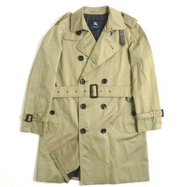 【中古】良品△正規品 BURBERRY LONDON バーバリーロンドン 裏地チェック柄 ベルト付き チンマスク馬革 ハーフトレンチコート カーキベージュ系 LL メンズ