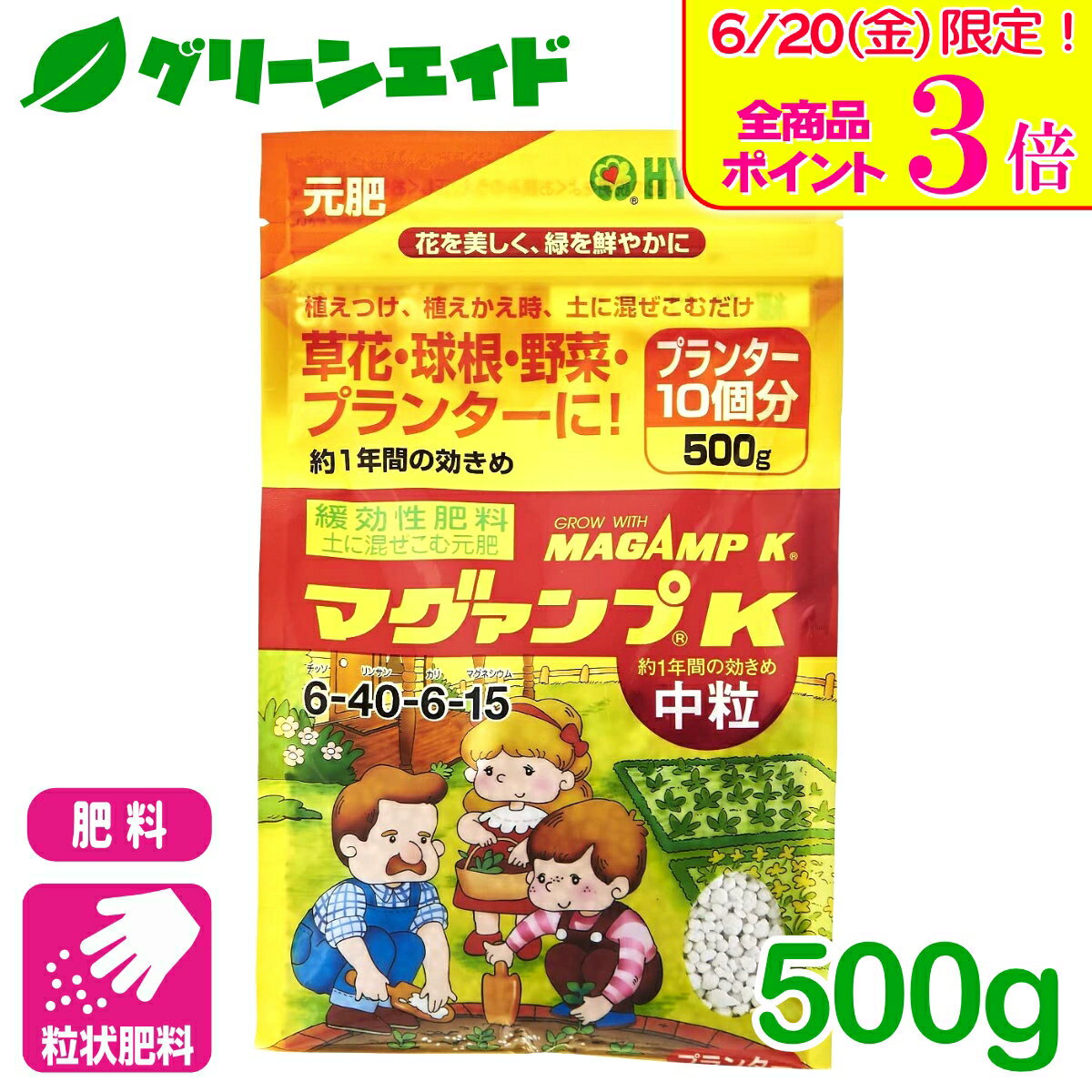 肥料 定番 マグァンプK 中粒 500g ハイポネックス 粒状 園芸 ガーデニング ビギナー向け 初心者向けのサムネイル