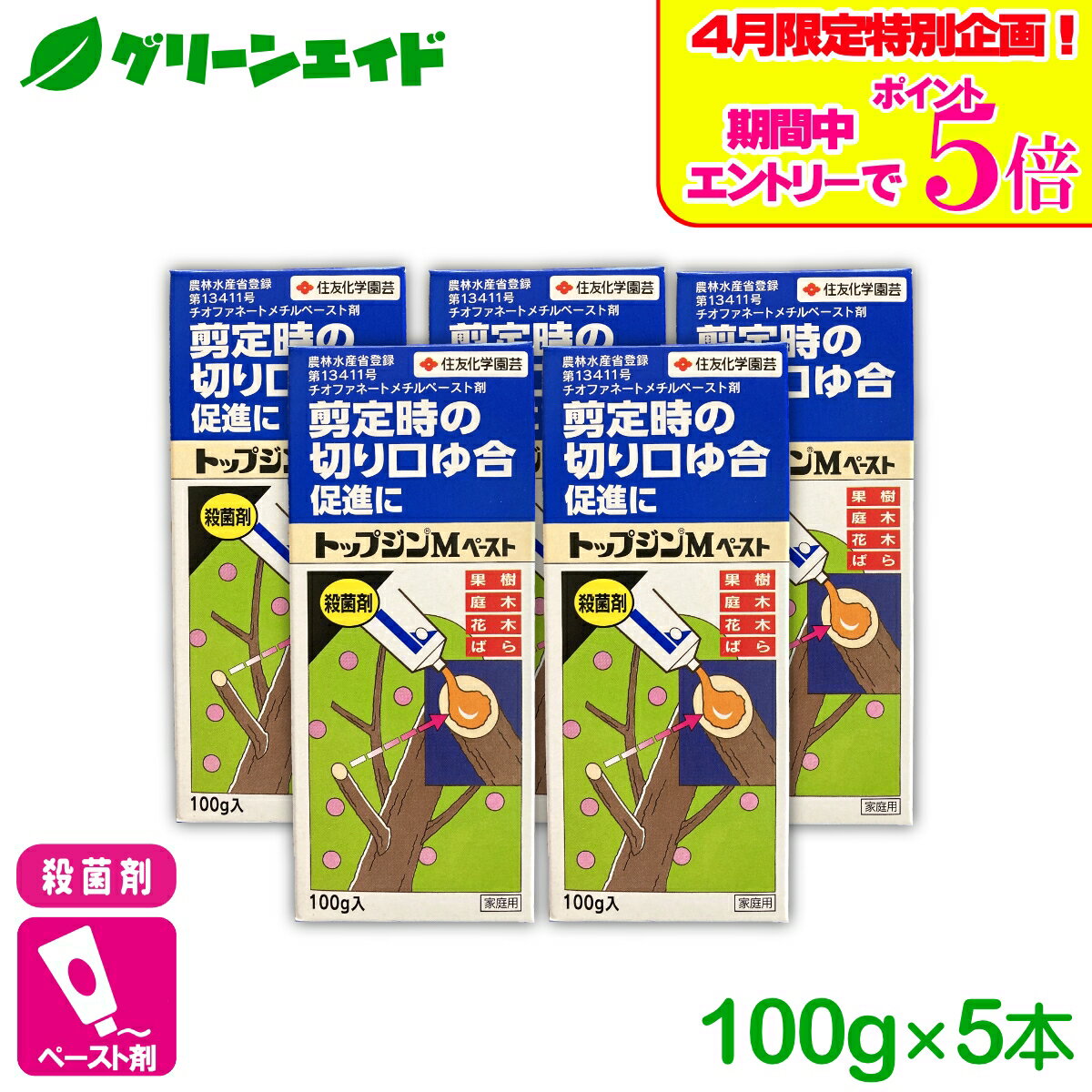 ＼エントリーで全商品ポイント5倍キャンペーン実施中！／【送料無料】 まとめ買い 5本セット 殺菌剤 トップジンMペースト 100g 住友化学園芸 果樹 果物 家庭菜園 園芸 ガーデニング