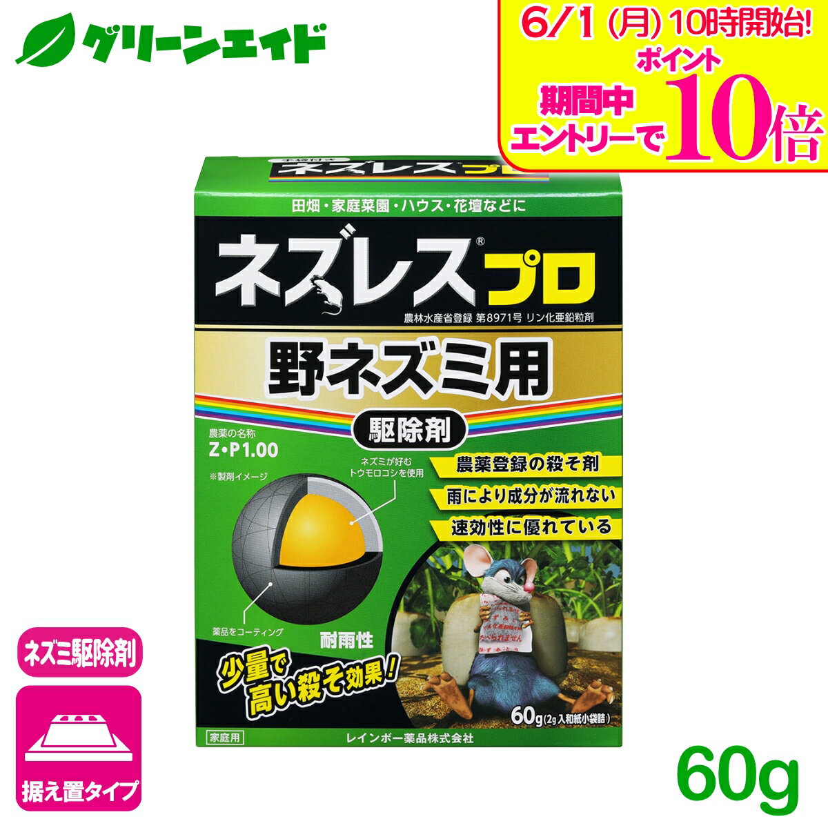 ＼エントリーで全品ポイント10倍キャンペーン実施中！／ネズミ 駆除剤 ネズレスプロ 野ネズミ用 60g(2g入小袋詰) レインボー薬品 退治 殺鼠剤 屋外 応援セール