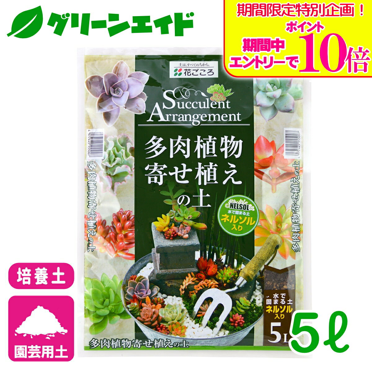 商品情報主原料赤玉土、鹿沼土、パーライト、バーミキュライトサイズ5L用途サボテン、多肉植物特徴多肉植物を固定しやすく植えやすい配合暑さにも強い！空気層の確保と排水性を重視し、暑い夏を乗り切る固まる土「ネルソル」付属で植え込み後の苗をしっかり固定検索キーワード：多肉植物 サボテン 観葉植物 園芸 ガーデニング 培養土 土 初心者向け ビギナー向け＼期間限定！エントリーでポイント10倍キャンペーン実施中！／上記バナーをタップし、キャンペーンは必ずエントリーの上、ご購入お願いします！ 多肉植物寄せ植えの土 5L 花ごころ 水で固まる土！ネルソル付属！ 2