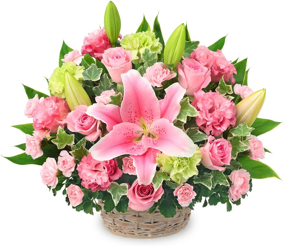 【ユリとピンク色のバスケットアレンジメント】（524281・アレンジメント）(全国の花キューピット加盟..