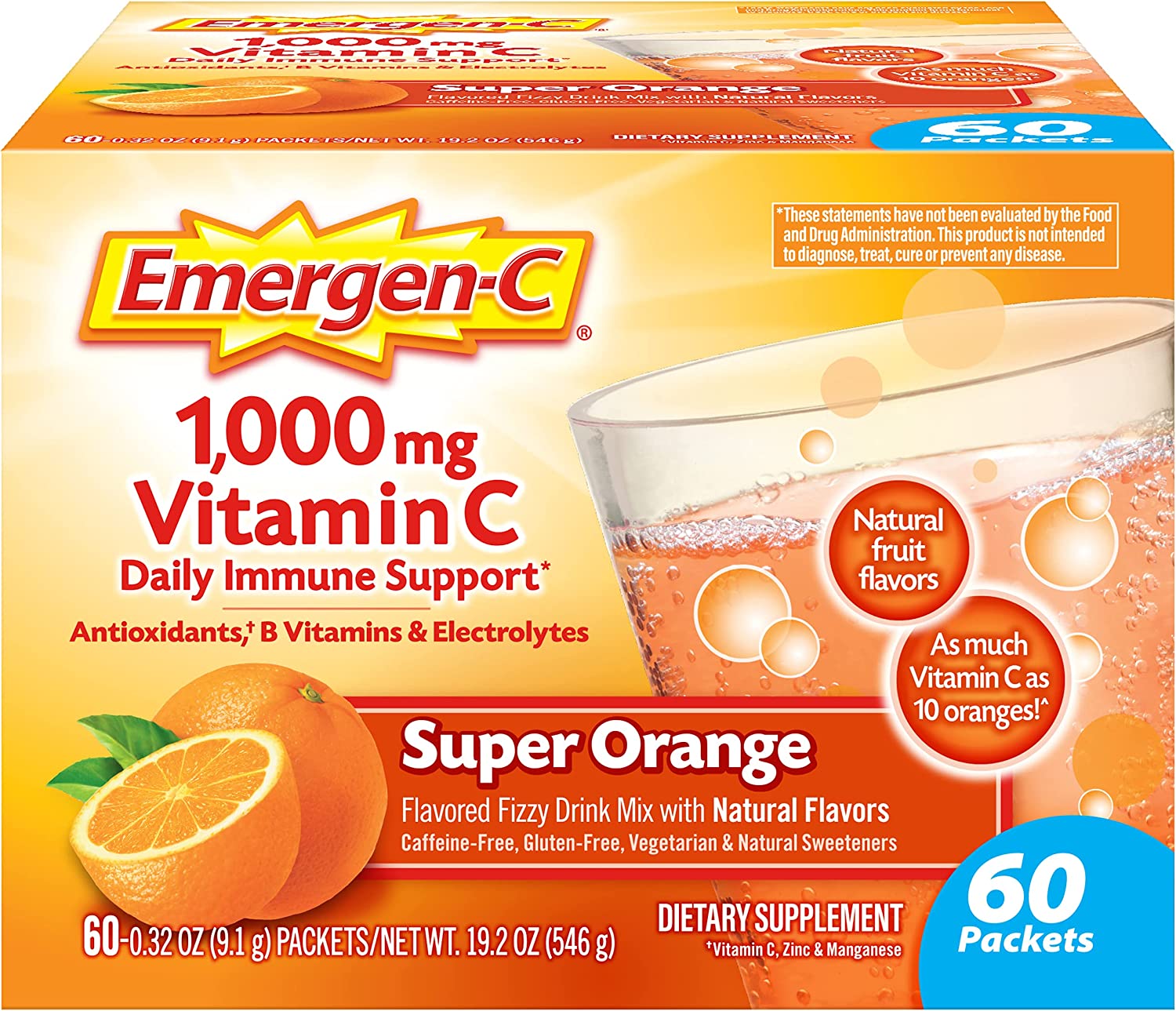 【エクスプレス便】Emergen-C 1000m エマージェンシーC　オレンジ味　60包　546g　ビタミンCパウダー　免疫サポート　オレンジ10個分　サプリメント