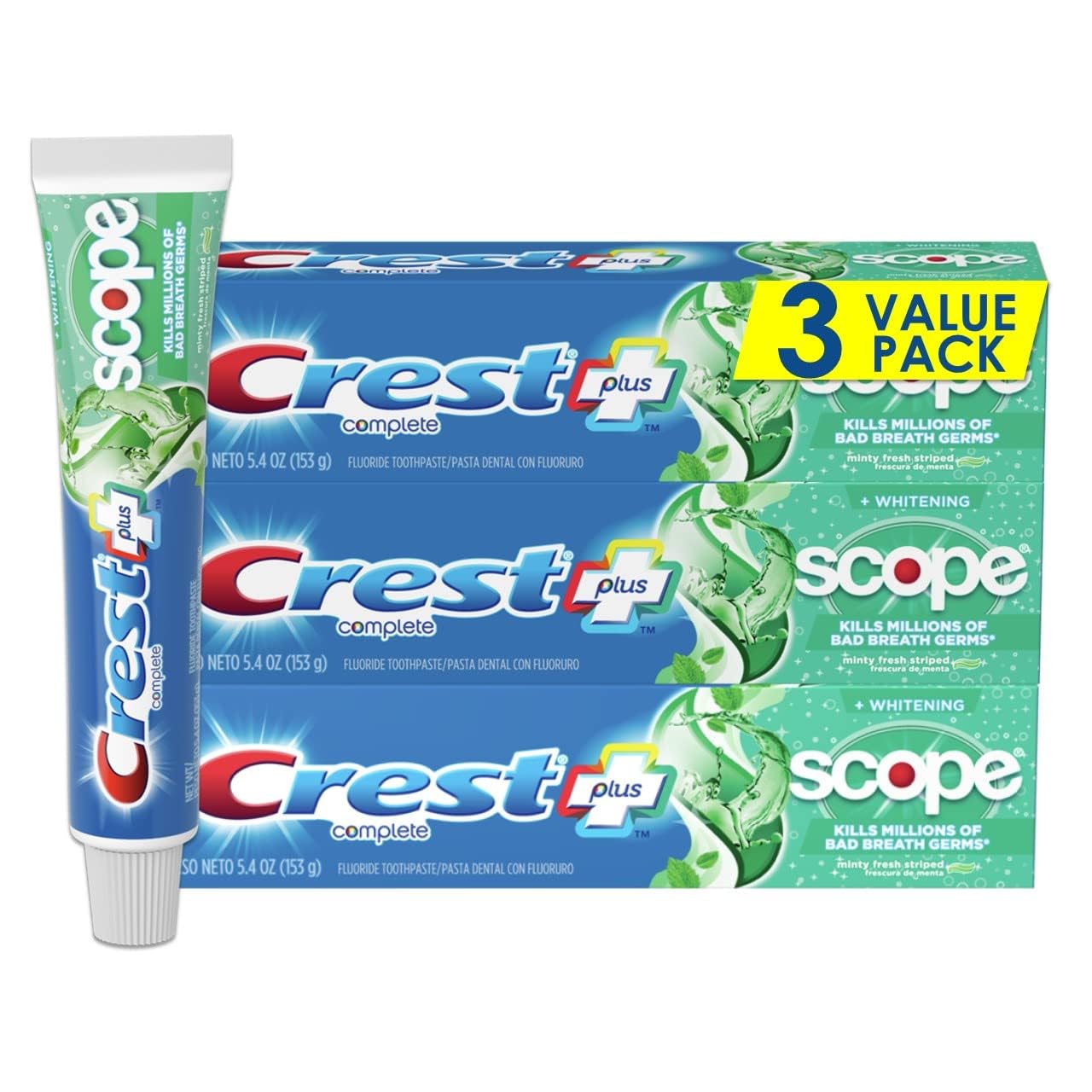 【エクスプレス便】3 本セット Crest + Scope Complete Whitening Toothpaste, Minty Fresh 5.4oz クレスト コンプリート ホワイトニング歯磨き粉 ミント フレッシュ 153g