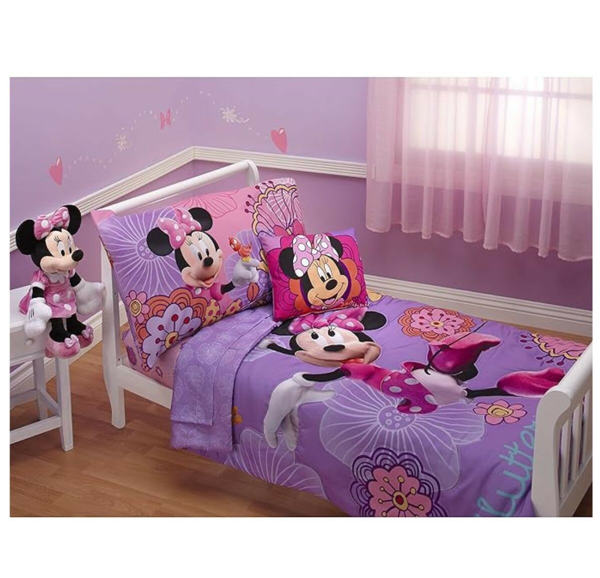 【エクスプレス便】ディズニー ミニーマウス 寝具 ベット 幼児用ベット 枕カバー・シーツ・コンフォーター4点セット ラベンダー　Disney 4 Piece Minnie's Fluttery Friends Toddler Bedding Set, Lavender