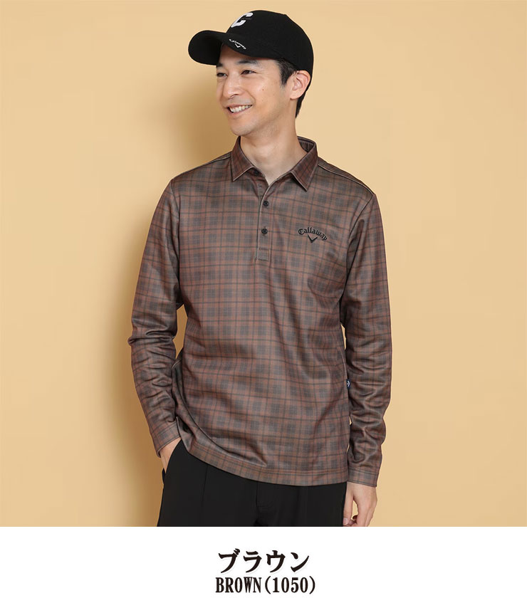 キャロウェイ タータンチェック柄プリント 裏起毛 長袖 ポロシャツ ゴルフウェア メンズ M-3L C24233114 [即納]