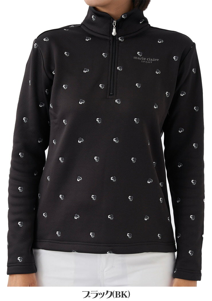 マリクレール ゴルフ レディースウェア 小花柄 裏シャギー ハーフジップ ハイネック 長袖シャツ 733-502 M-LL [即納]