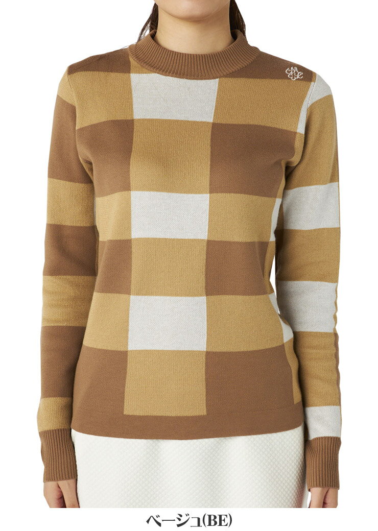 マリクレール チェック柄 モックネック ニットセーター ゴルフウェア レディース 2025年秋冬モデル M-3L 735-751 [即納]