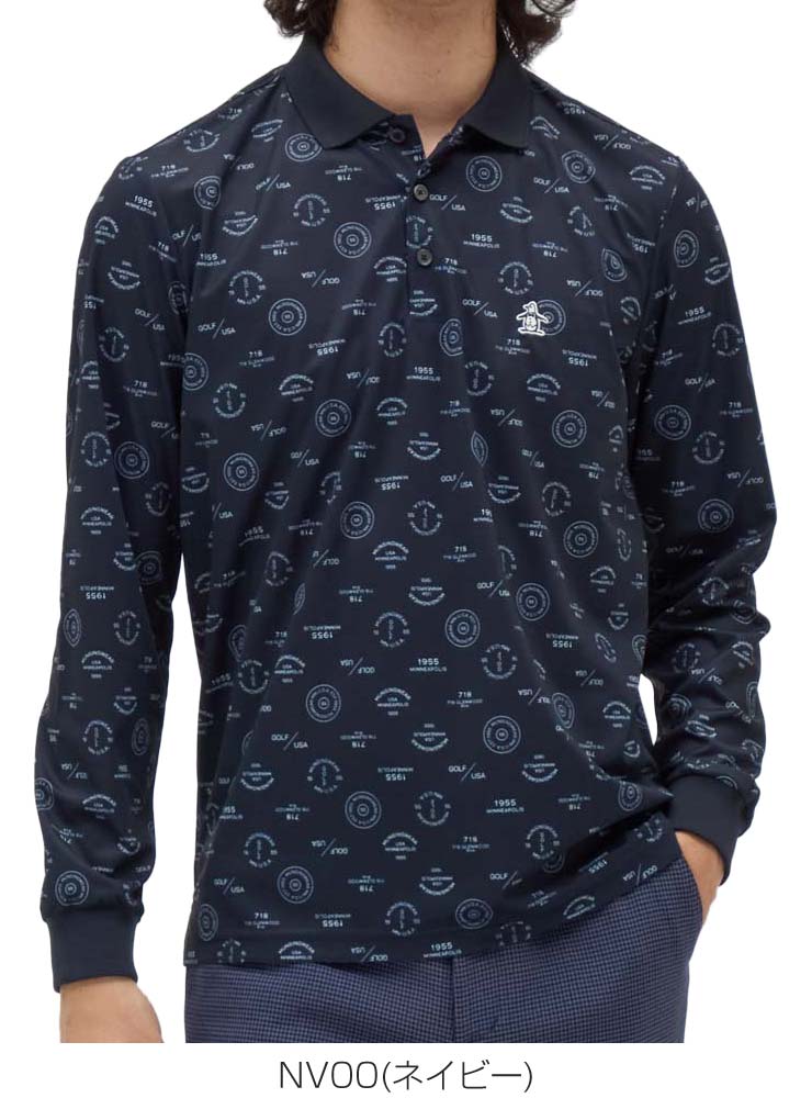 マンシングウェア サンスクリーン ロゴ総柄プリント 長袖 ポロシャツ ゴルフウェア メンズ 2025年秋冬モデル M-LL MG5FLS80M [即納]