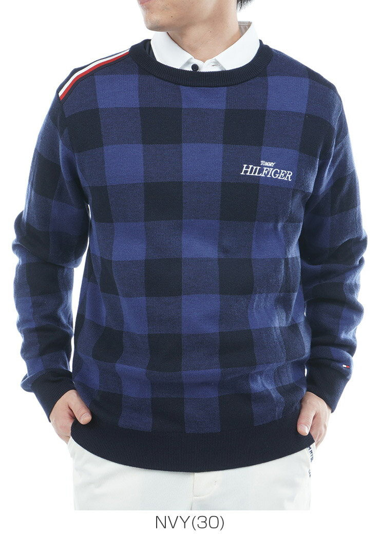 トミーヒルフィガー チェックジャガード クルーネック ニットセーター ゴルフウェア メンズ 2025年秋冬モデル M-3L THMA571 [即納]