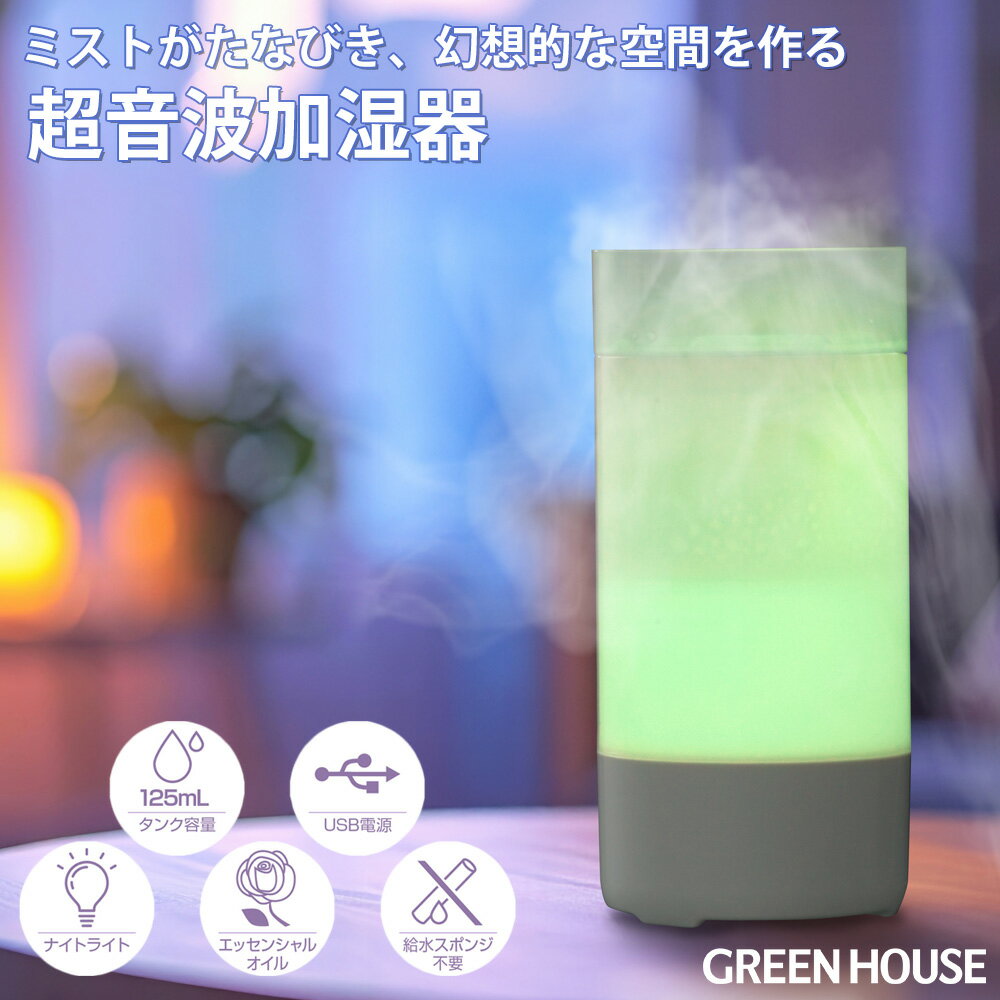 グリーンハウス 超音波式 フローイングミスト加湿器 卓上 USB給電式 アロマディフューザー対応 ナイトライト機能 空焚き防止 コンパクト 静音設計 おしゃれ 車載対応 乾燥対策 保湿 寝室 オフィス PR01 GH-UOHA-WHのサムネイル