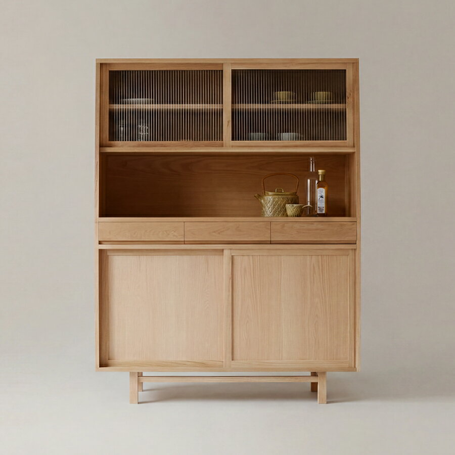 Basic Kitchen Board キッチンボード オーク 幅 120cm 完成品食器棚 レンジ台 キッチン収納 台所 台所収納 北欧 無垢材 無垢 oak オーク オイル仕上げ 天然木 ガラス 収納 リビング ダイニング ナチュラル 日本製 国産 北欧
