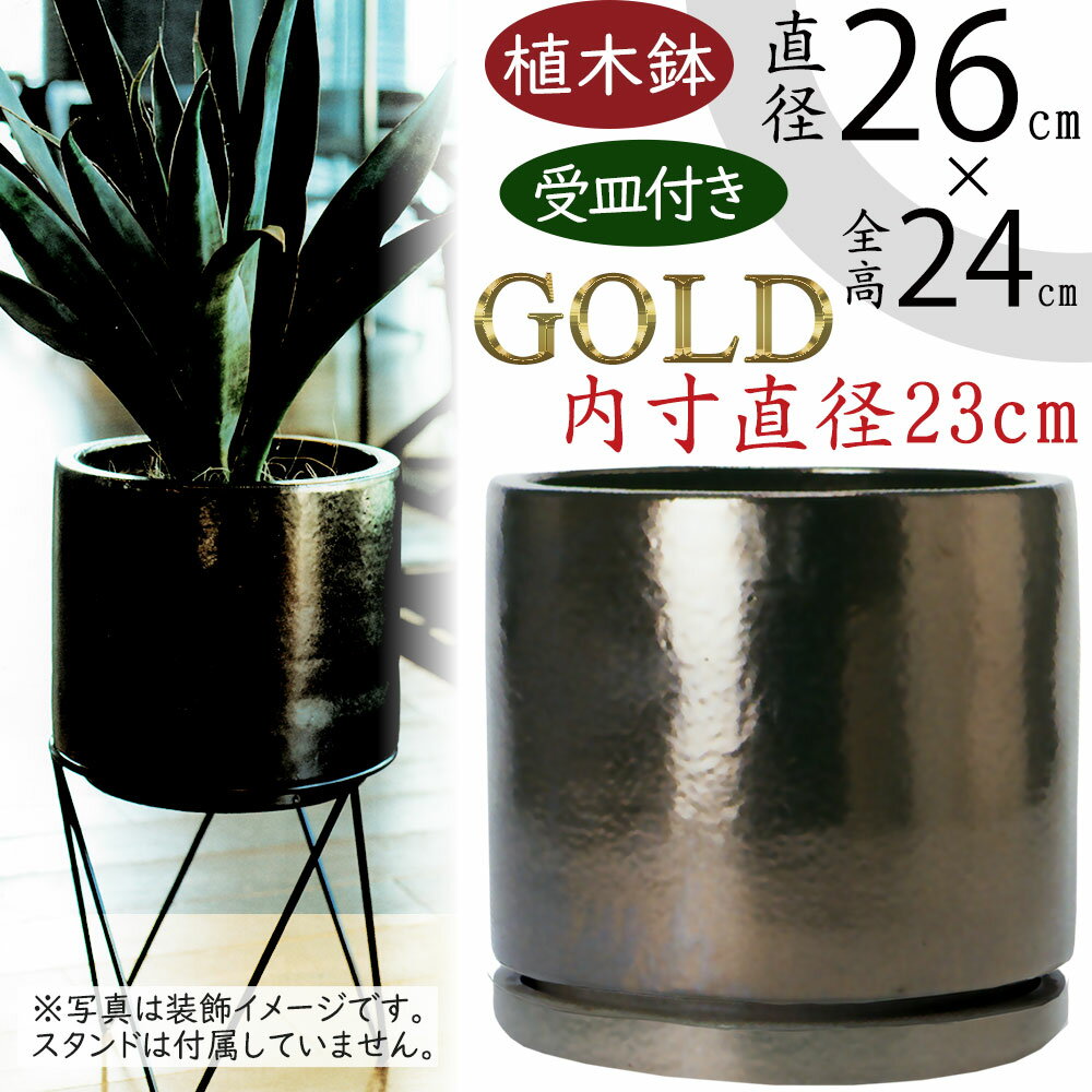 植木鉢 受け皿付き おしゃれ 人気 プランター 観葉植物 樹木 園芸鉢 観葉鉢 インテリア 器 ポット 釉薬陶器 セラミック ソーサー 鉢カバー お洒落 園芸用品 ガーデニング 室内 お庭 中庭 テラス バルコニー ファサード 高級感 上質 シリンダー ビトロ エンデカ ゴールド 9号
