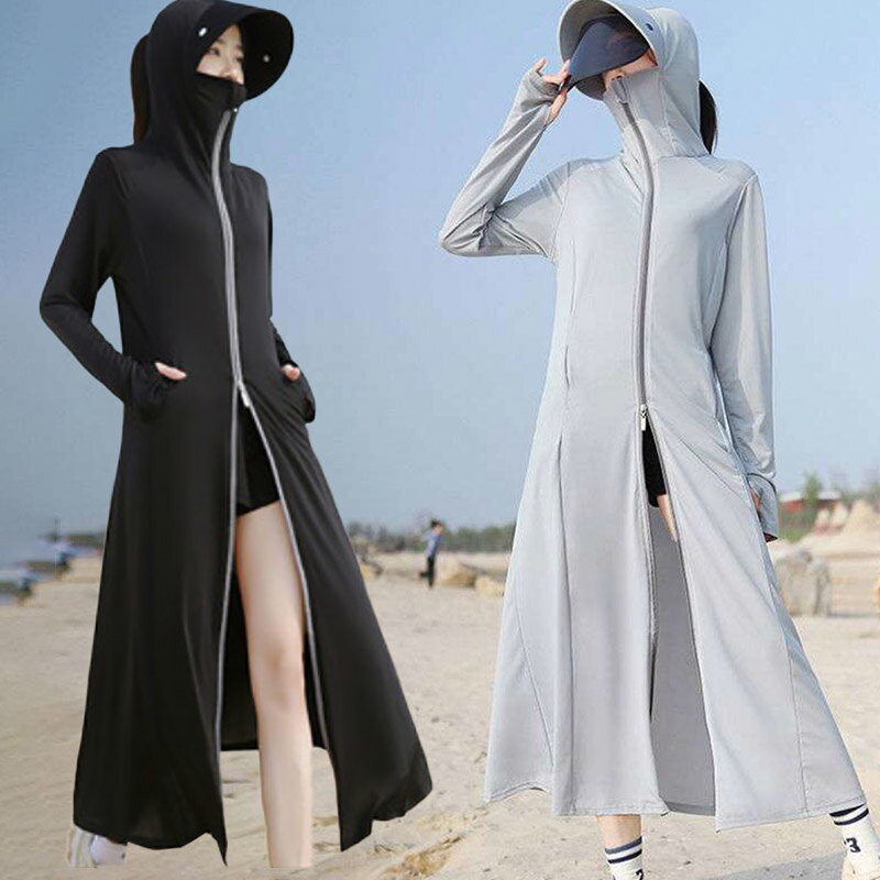 UVカットラッシュガードレディースパーカーロング丈体型カバー長袖フード付き防止ラッシュパーカーカーディガンuvカットパーカーロング薄手ジップアップUPF50おしゃれスタンドカラー日焼け対策