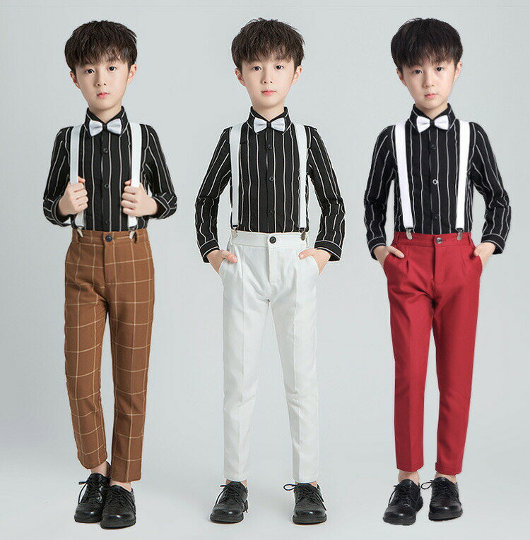 セットアップ2点セットサスペンダーズボン蝶ネクタイ長袖シャツブラウンレッドホワイトキッズ服子供スーツ結婚式発表会パンツセットサスペンダーフォーマル制服
