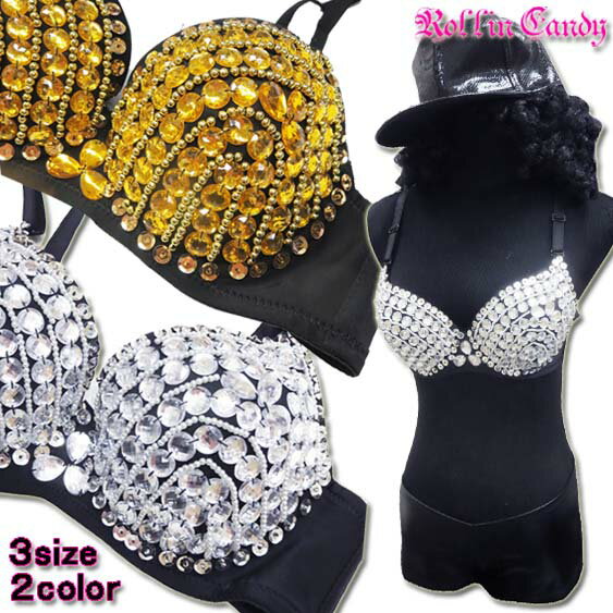 ダンス衣装・ステージ衣装に！ビジューブラジャー/ブラトップスパンコールパールビーズシルバーゴール..