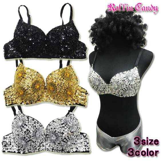 ダンス衣装・ステージ衣装に！スパンコール＆ビジューブラジャー/ブラトップビーズシルバーゴールドブ..