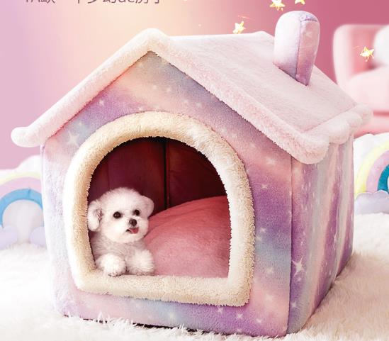 小型犬猫用ペットハウス室内用犬小屋三角屋根3サイズドットペットベッドペットハウス2way犬小屋屋根付きふわふわクッション付き猫テントオールシーズンおしゃれ洗える折りたたみ可寝床冷暖房ホットカーペット対応(S：39*32*34cm3.5kg以内のペット)