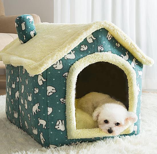 小型犬猫用ペットハウス室内用犬小屋三角屋根3サイズドットペットベッドペットハウス2way犬小屋屋根付きふわふわクッション付き猫テントオールシーズンおしゃれ洗える折りたたみ可寝床冷暖房ホットカーペット対応(M：44*36*39cm7.5kg以内のペット)