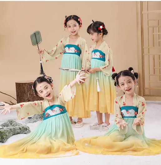 子供中華ダンス衣装ロングチャイナドレス中華服漢服飄逸ワンピーススリット振り袖水袖中国古典舞踊ダンス衣装女の子練功服二胡箏フルート古典楽器吹奏会演奏会扇子舞合唱中華ドレス飄逸女漢唐斉胸スカート桃の花110120130140150160170