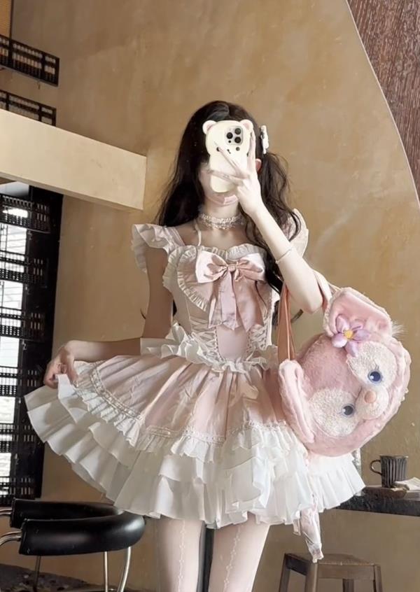 サマースウィートロリータピンク色仙气春夏ワンカラーゴスロリワンピースロリィタJSKOPLolitaロリータ..