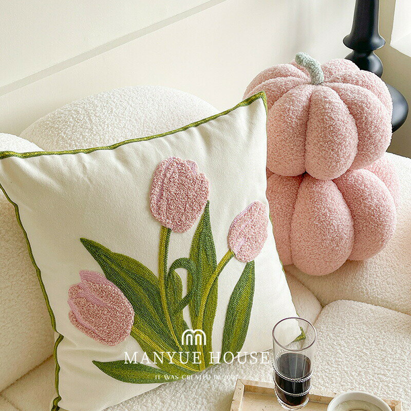 クッション刺繍花柄チューリップソファ背当て装飾枕座布団抱き枕背もたれ雑貨屋飾りインテリア肌触り良..