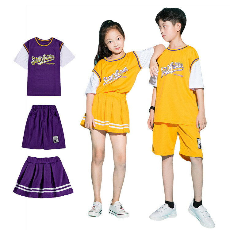 キッズチアガール衣装セットアップミックスチーム男の子女の子チア衣装イエローパープルスカートセット..