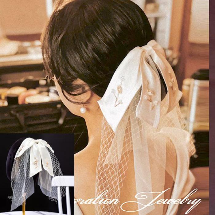 ヘアピンリボンウェディングブライダル髪飾り韓国風パーティー二次会披露宴花嫁結婚式前撮り後撮り演奏..