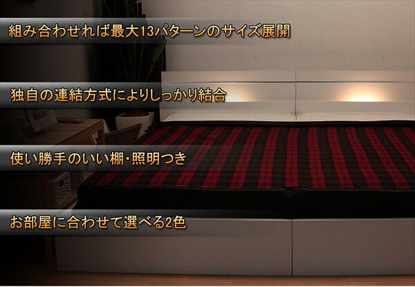 棚 照明付ラインデザインベッド ダブル SGマーク国産ボンネルコイルマットレス付 ホワイト 【代引不可】 [3]