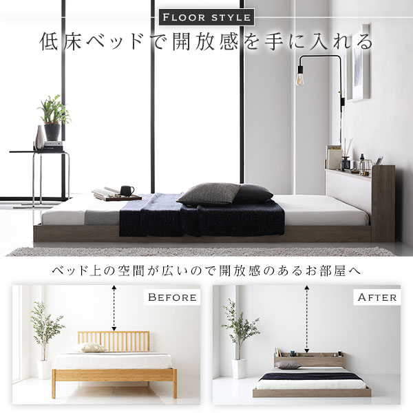 【本日ポイント10倍】ベッド セミダブル 2層ポケットコイルマットレス付き グレージュ 低床 棚付き 宮付き 宮棚付き コンセント付き すのこ 低床ベッド すのこベッド すのこベット ローベット フロア ベット セミダブルベッド セミダブルベット [3]