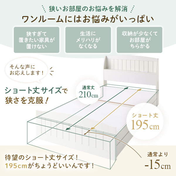 ベッド ショート丈 シングル ボンネルコイルマットレス付き ホワイト 引き出し 収納付き 引き出し収納 収納スペース 棚付き 宮付き 宮棚付き コンセント付き 収納ベッド ベッドフレーム 収納付きベッド ベット 収納ベット [3]