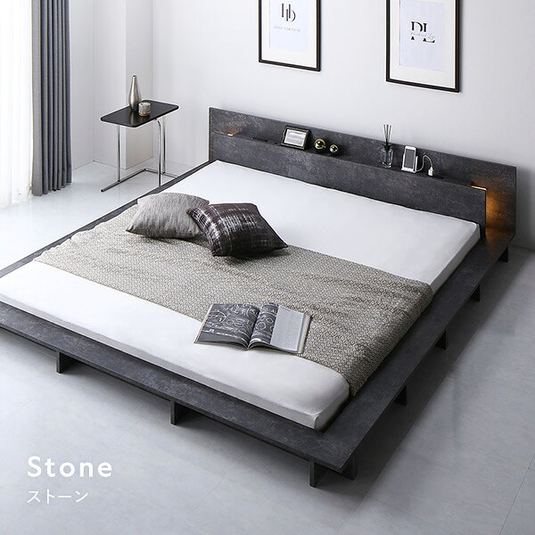 GreenProショップの照明付き フロアステージ ベッド ダブル ストーングレー ボンネルコイルマットレス付 宮付き 宮棚付 棚付 2口コンセント付 ライト付 頑丈 ロータイプ ローベッド すのこベッド ベッドフレーム フロアベッド すのこ ベット 寝具 ダブルベッド｜アングル3