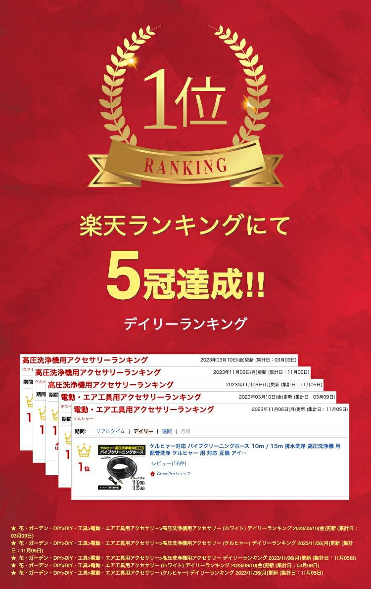 【本日ポイント2倍】ケルヒャー対応 パイプクリーニングホース 10m / 15m 排水洗浄 高圧洗浄機 用 配管洗浄 ケルヒャー 用 対応 互換 アイリスオーヤマ karcher K2 K3 K4 K5 K6 K7 対応 排水管用 パイプクリーナーホース クリーニング 2