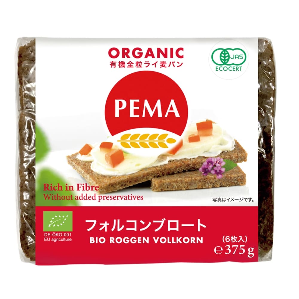 PEMA 有機全粒ライ麦パン(フォルコンブロート) 375g(6枚入) 外包装-赤