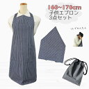 子供エプロン3点セット 160cm〜170cm 【ヒッコリーデニム】ゴムタイプ 首ゴム 腰ゴム 結ばない 三角巾 巾着 おしゃれ キッズ 大人 保育士 レディー...