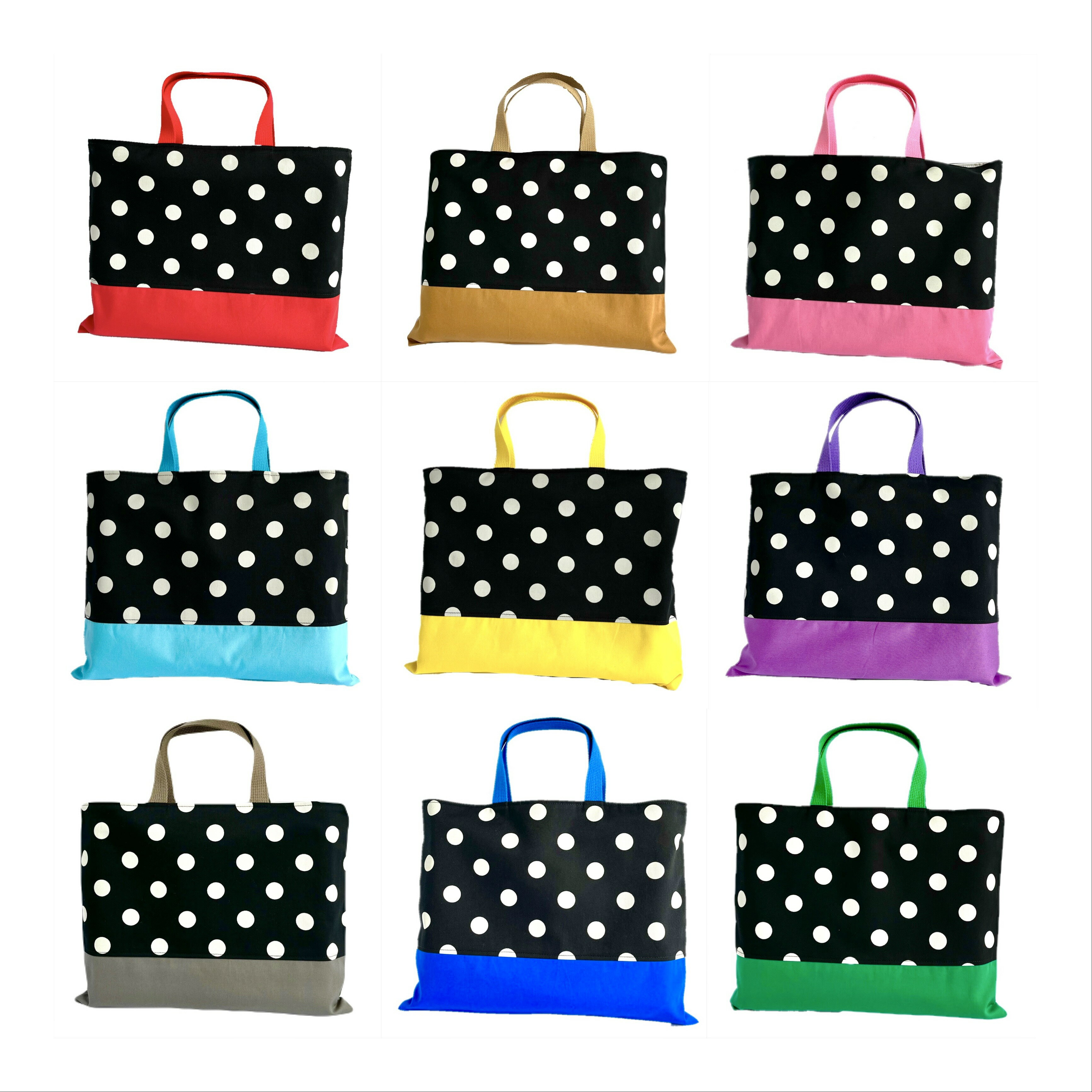 【日本製】レッスンバッグ COLORFULブラックポルカドット スッキリぺたんこタイプ 手提げバッグ 通園 ..