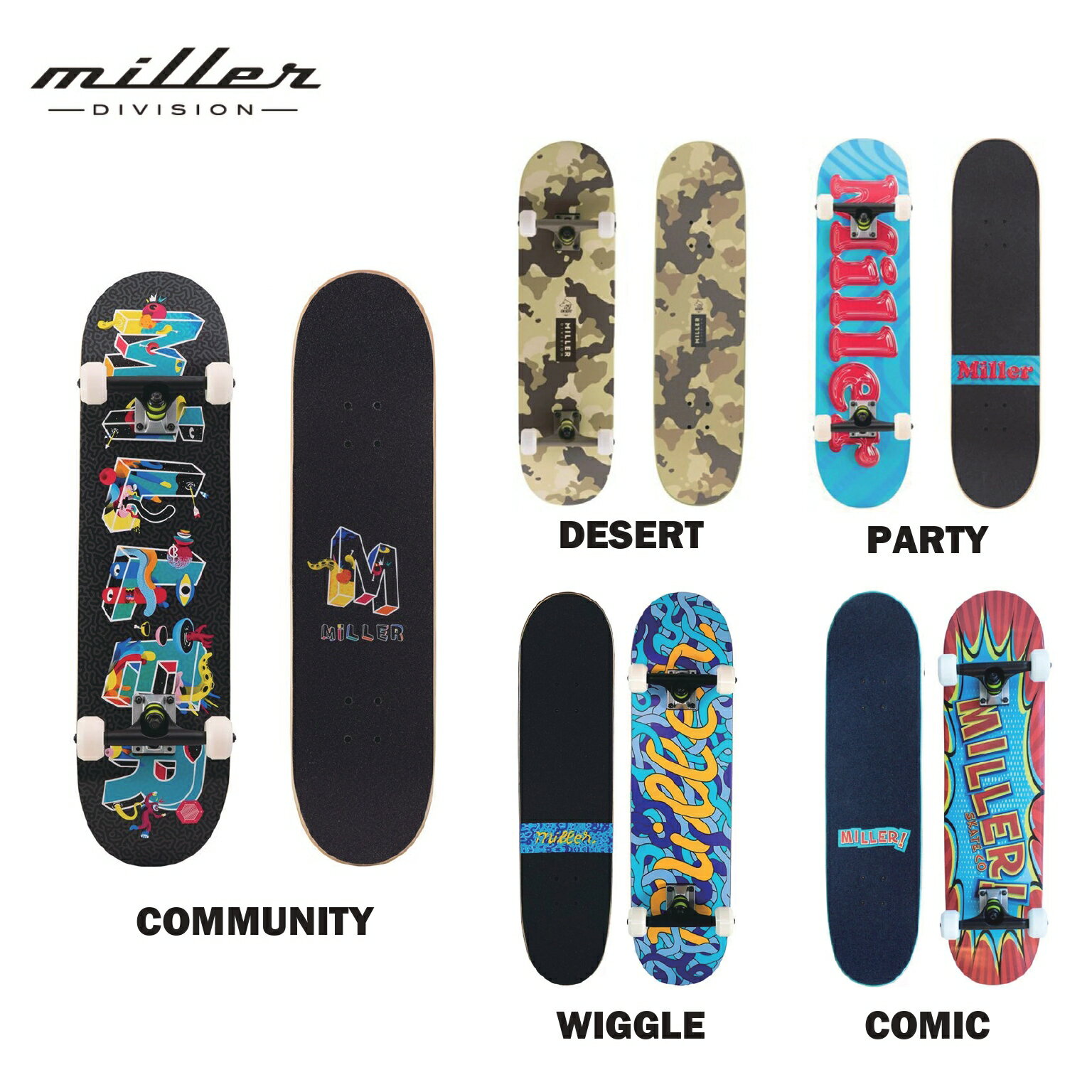 【あす楽対応】Miller Division/ミラーディヴィジョンスケートボード スケボー コンプリートデッキ ミラーディヴィジョン Complete Skate COMIC WIGGLE COMMUNITY PARTY DESERT