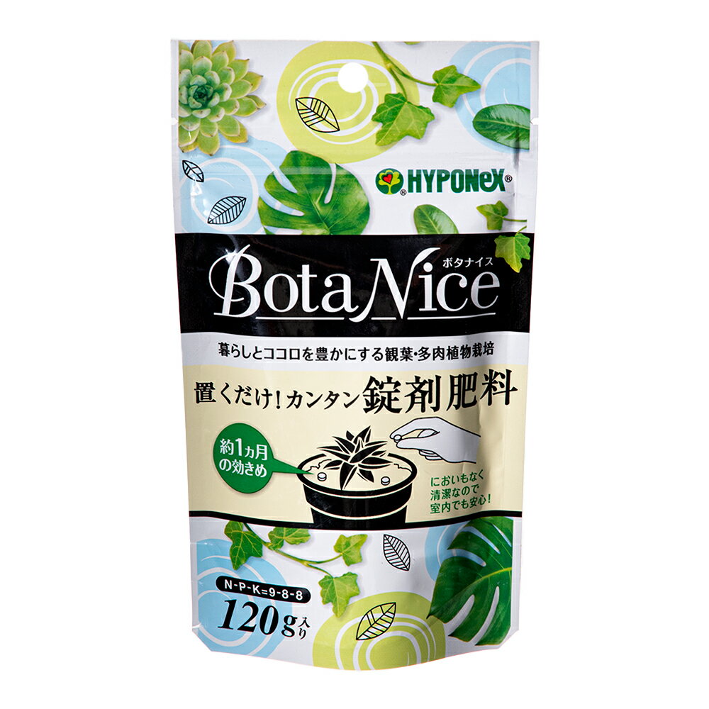 この商品は ハイポネックス　ボタナイス 120g 置くだけ！カンタン錠剤肥料　9-8-8 ポイントにおいもなく清潔なので室内でも安心！　約1か月の効きめ いつでも使える、植物のサプリメント 土の上に置くだけの錠剤タイプの肥料です。あとは水やりだけで、安定した肥料効果が約1ヵ月持続します。葉色を鮮やかに丈夫に育てます。N-P-K=9-8-8マグネシウム、マンガン、ホウ素、カルシウム配合 ショップからのメッセージ まとめ買いの場合送料が変更になる場合がございます。 ご注文後、正式な送料をご連絡いたします。弊店はネットショップと平行して実店舗による販売も行っている関係上、ご注文のタイミングによっては在庫が不足する場合があります。大変申し訳ございませんが、欠品時には納期にお時間を頂く、又はキャンセルとさせて頂く場合がありますのでご了承ください。※商品改良の為、仕様、規格など予告なく変更する場合があります。また、画像と商品の色が若干異なる場合がありますので、予めご了承ください。 納期について 3営業日以内に発送4