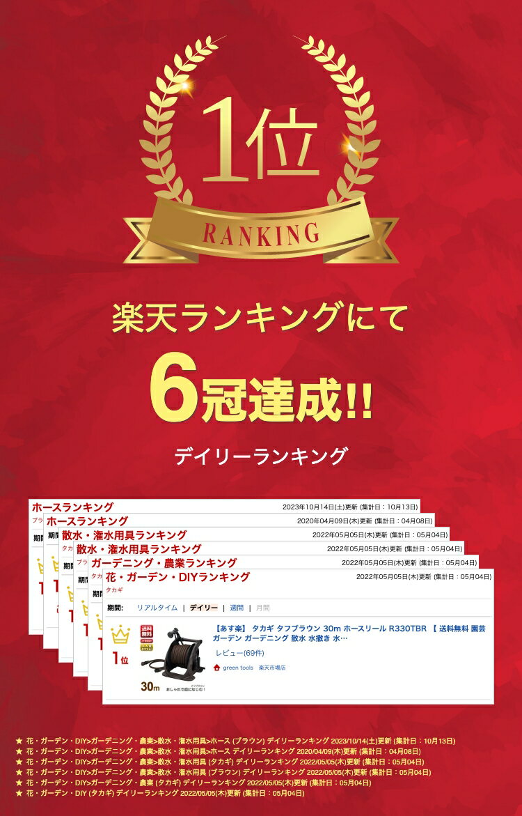 【LINE登録200円OFF】【あす楽】タカギ タフブラウン ホースリール 30m R330TBR 【 送料無料 水撒き 水やり 庭 洗車 掃除 ホース おしゃれ 家庭菜園 ベランダ プランター 花壇 takagi 安心の2年間保証 節電 猛暑 酷暑 熱中症 打ち水 涼 プール 水遊び クール】