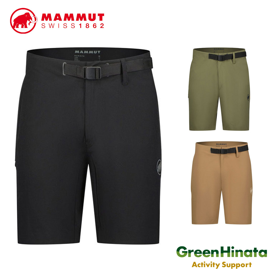 ■主な仕様 【MAMMUT マムート Trekkers 3.0 Shorts AF Men トレッカーズ 3.0 ショーツ AF メンズ パンツ ショートパンツ ハイキング キャンプ アウトドア ブラック イグアナ ダークサンド 1023-00473】 ■素材：Main Fabric 1 (B2B) polyamide-elasthane woven / Mammut SOFtechTM サイズ(EURO) ウエスト 股上 股下 すそ周り ヒップ S 74.0cm 23.5cm 22.0cm 55.0cm 102.0cm M 82.0cm 23.5cm 22.0cm 56.0cm 104.0cm L 84.0cm 24.5cm 23.5cm 57.0cm 109.0cm ※こちらのモデルはEUROサイズ（日本サイズより大きめ）になります。 ※注意事項 生産時期、サイズ、メーカー都合により、写真と仕様が異なる場合がございます。 サイズは参考値になります、計測方法等によって表記と異なる場合がございます。 モニターの発色の具合によって実際と色が異なる場合がございます。 ★特徴 Trekkersショーツは,シンプルなカットで究極の動きやすさを実現した軽量で汎用性の高いハイキングショーツ。丈夫なポリアミドと伸縮性の高いスパンデックスで最高の柔軟性と快適な履き心地をもたらし,すっきりとしたシルエットに仕上げました。洗練されたデザインの中に,目立たないジッパー付きポケットや耐久撥水加工(DWR),耐風性など,アウトドアに必要な機能をすべて備えています。 ●快適で伸縮性のあるソフトシェル素材 ●一体型ベルト ●表地にはDWR加工を施し,撥水性を向上 ●ジッパー付きスリットポケット×2 ●ジッパー付きヒップポケット ★ブランド MAMMUT(マムート)は、1862年にスイスで設立された高品質のプロダクトと類い稀なブランド体験を提供するアウトドアブランド。 155年以上にわたりその代名詞とも言える安全性とイノベーションを追求し続け、世界でマーケットをリードする、グローバルプレミアムブランドとして高い評価を獲得。 その洗練されたコンテンポラリーデザインと、極めて高い機能性&amp;パフォーマンス性が融合した製品ラインナップは、アパレル、フットウェア、バックパック、クライミングハードウェア、アバランチセーフティと他に類を見ないほど幅広く、世界屈指の長い歴史と伝統をも誇る稀有なアウトドアブランドの一つとして、世界約40の国と地域で展開しています。★★★ MAMMUT マムート★★★ マムートは1862年にスイスで設立されたアウトドアブランドです。 155年以上にわたり常にベストなパフォーマンスに対応できるよう革新的で高品質な製品の創造を追及しています。 過酷な条件下でも耐えうる品質を兼ね備えたラインナップはクライミング スノーボード スキー トレッキング ハイキング アウトドアを愛する人たちをサポートします。 →おすすめ MAMMUT マムート バック ウェアはこちら ▼おすすめ ギフト▼ バレンタインデー ホワイトデー こどもの日 母の日 父の日 敬老の日 孫の日 運動会 学園祭 クリスマス 誕生日プレゼント 成人祝い 卒業祝い 結婚祝い 出産祝い 入学祝い 就職祝い 新築祝い 開店祝い 移転祝い 退職祝い ラッピング対応！ ▼ マムート リュック ダウン ジャケット フリース tシャツ ゴアテックス パンツ レディース メンズ キッズ アウトドア 登山 ▼ ▼ おすすめ 人気商品 ▼