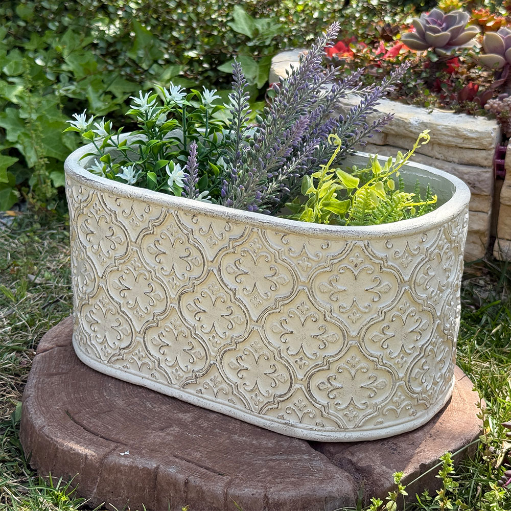 [お買い物マラソンポイント7倍 5/9 20時〜]楕円型プランターアラベスクオバール W ホワイト (GF4936) 植木鉢/インテリア/観葉植物/カントリー/友膳/グラスファイバー/プレゼント/ギフト/かわいい/ジャンクガーデン/ガーデニング/穴ありのサムネイル