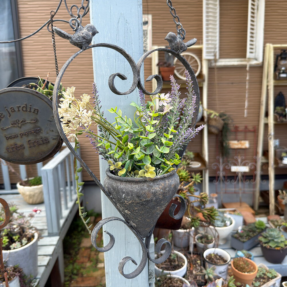 アンティーク風ハンギングブリキプランター (内径10Φcm) オワゾークープルハングDGY (UF552）グレー/鳥/吊り下げ/壁掛け/ブリキプランター/おしゃれ/屋外/穴あきプランター/ガーデニング/植木鉢/ジャンクガーデン/寄せ植え/観葉植物/ギフト/プレゼント/友膳のサムネイル