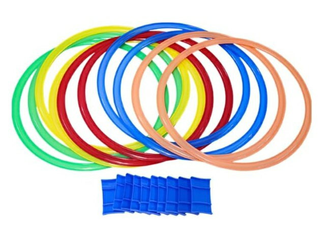 スピードリング トレーニングリング ケンケンパ 輪っか 直径28cm, マルチカラー 10個, 固定用ブロック..