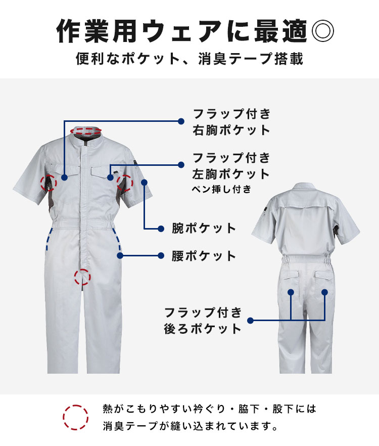 つなぎ メンズ ツナギ 作業着 半袖 メンズ 夏用 作業服 オーバーオール 大きいサイズ 吸汗速乾 メッシュ 通気性 涼しい 動きやすい 薄生地 軽量 M L LL 3L 消臭 現場作業 工場 ガーデニング 日曜大工 DIY 農業 整備士 作業用 春夏 男性 黒 グレー 青 ワークウェア レディース 3