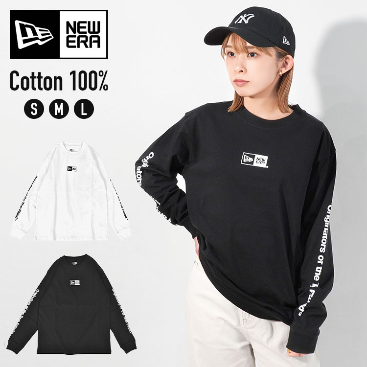 Tシャツ 長袖 ニューエラ NEWERA メンズ レディース ロンT ブランド ロンティー 春 綿 コットン 100% 袖プリント ボックスロゴ 白 黒 厚手 8オンス oz M L XL 大きいサイズ クルーネック 袖リブ カジュアル ホワイト ブラック おしゃれ シンプル お揃い 14122012 14122014